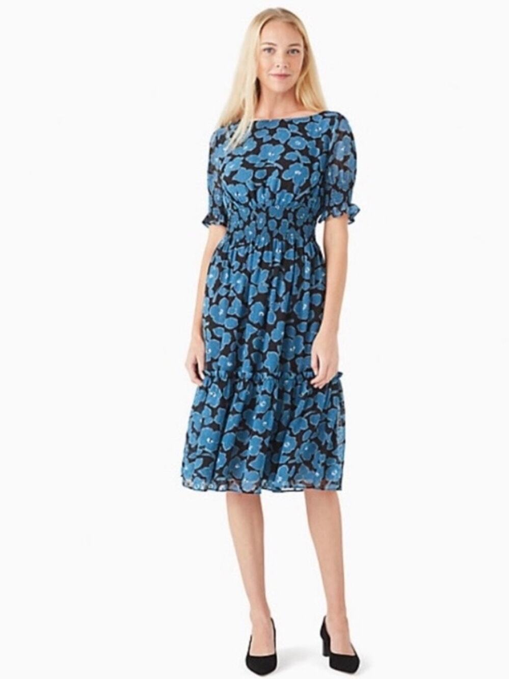 Kate Spade Blue Whimsical Floral Blaire Midi Dress Sz.L